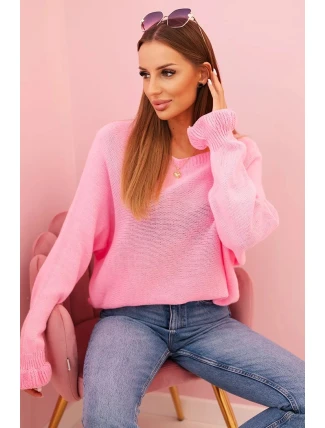 Svetr dámský z mohéru s nařasenými rukávy a výstřihem na zádech světle růžový Svetr dámský z mohéru s nařasenými rukávy a výstřihem na zádech světle růžový