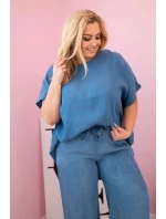Dámská souprava Plus Size z tencelu halenka a kalhoty s vázáním džínový