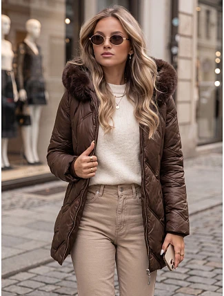 Dámská zimní prošívaná bunda LOVEINSIDE s kožešinou, hnědá, FashionStreet TY5052 Dámská zimní prošívaná bunda LOVEINSIDE s kožešinou, hnědá, FashionStreet TY5052