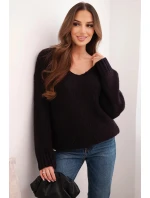 Dámský svetr s příměsí vlny s výstřihem do V švestkový