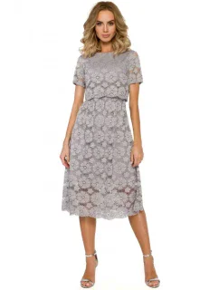 M405 Krajkové midi šaty s výstřihem - šedé