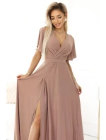 581-4 JENNIFER třpytivé dlouhé šaty s rukávy a výstřihem - MOCHA MOUSSE WITH BROKER 581-4 JENNIFER třpytivé dlouhé šaty s rukávy a výstřihem - MOCHA MOUSSE WITH BROKER