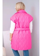 Dámská vesta Plus Size prošívaná s páskem a límcem neonově růžová