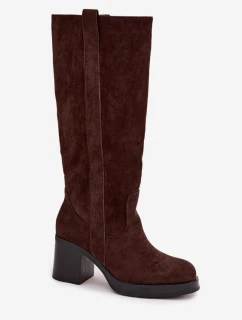 Zateplené dámské kozačky na masivním sloupkovém podpatku Sanelle – čokoládové