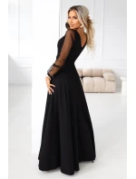 640-2 LORETTA jedinečné dlouhé šaty s tylovými rukávy a výstřihem - černé
