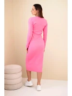 Dámská bavlněná šaty s dlouhým rukávem a dekoltem na knoflíky růžová