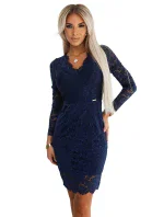 170-15 Krajkové šaty s dlouhými rukávy a výstřihem - tmavě modrá barva