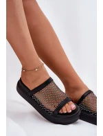 Ozdobené Dámské Pantofle Na Platformě S Síťovinou Černé S.Barski MY51-016 Ozdobené Dámské Pantofle Na Platformě S Síťovinou Černé S.Barski MY51-016