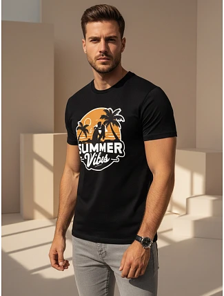 Pánské bavlněné tričko s potiskem Summer Vibes černé FashionStreet NX044R Pánské bavlněné tričko s potiskem Summer Vibes černé FashionStreet NX044R