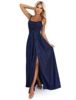 589-2 Dlouhé šaty s jemným třpytem a korzetovým zavazováním na zádech - tmavě modré s třpytkami