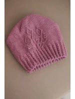 Dámská zimní čepice s vlnou zdobená flitry a pleteninou K473 tmavě růžová