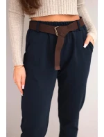 Dámské kalhoty bavlněné s páskem a ohrnutým nohavicemi granátové