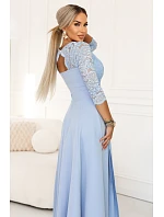 309-15 AMBER elegantní dlouhé krajkové šaty s výstřihem - modré