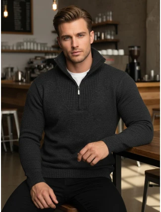 Pánský svetr se stojáčkem zateplený grafitový FashionStreet WX2354