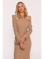 S412 Tužkové šaty s ozdobnými rameny - béžové S412 Tužkové šaty s ozdobnými rameny - béžové