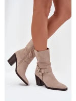 Dámské boty zateplené na podpatku s pásky a ozdobným detailem béžové Neria