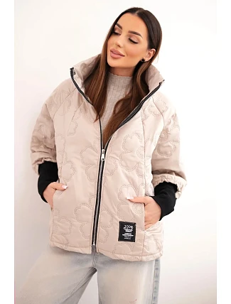 Dámská jarní prošívaná bunda se zdobným ražením a zipem tmavě béžová