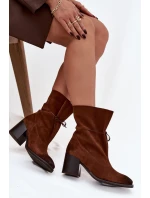 Kožené semišové dámské kotníkové boty na jehlovém podpatku Zazoo 1151 hnědé