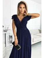 411-3 CRYSTAL třpytivé dlouhé šaty s výstřihem - ZELENÉ