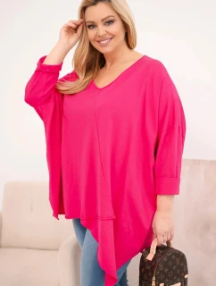 Dámská bavlněná blůza Plus Size s asymetrickým spodním lemem a výstřihem do V fuchsie