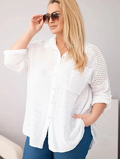 Dámská bavlněná košile Plus Size s límečkem a krajkovou vsadkou bílá