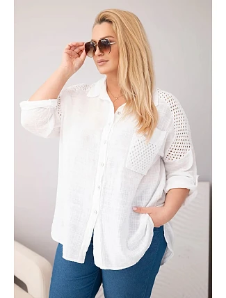 Dámská bavlněná košile Plus Size s límečkem a krajkovou vsadkou bílá