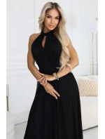 662-2 Elegantní maxi večerní šaty na ramínka s tylem a zavazováním v pase - černé