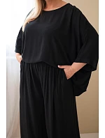 Dámský komplet Plus Size z viskózy se širokými kalhotami a halenkou černý