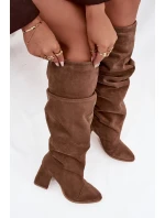 Dámské zateplené kozačky na podpatku Zazoo – světle hnědé, pravý semiš