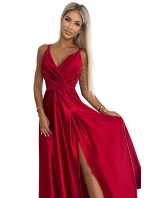 498-4 Dlouhé saténové šaty s výstřihem a dvojitými ramínky - ČERVENÉ