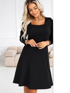 574-3 IVANA pohodlné trapézové šaty s výstřihem a dlouhými rukávy - černé