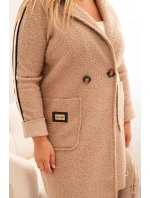 Dámský kabát Plus Size z umělé ovčí vlny s kapsami tmavě béžový