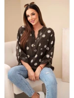 Lněná dámská květinová blůza s dlouhým rukávem a knoflíky hnědá