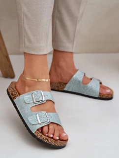 Textilové pantofle na korkové podrážce s přezkami mátové Atera