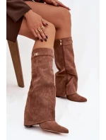 Dámské zateplené kozačky na podpatku s vyhrnutou horní částí Evyra – tmavě béžové, eko semiš