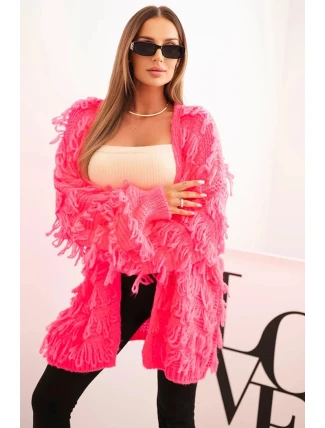 Dámský kardigan s třásněmi a volným střihem neonově růžový Dámský kardigan s třásněmi a volným střihem neonově růžový