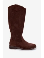 Dámské kozačky s krajkovým vzorem na nízkém podpatku S.Barski HY61-8022 Čokoládové