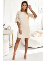 217-10 NEVA Trapézové šaty s rozšířenými rukávy - béžové s třpytkami