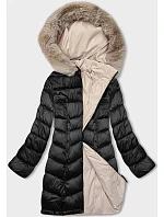 Dámská oboustranná zimní bunda s kapucí černo-béžová (B8202-1046)