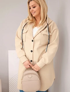 Dámský kabát Plus Size s kapucí zapínaný na knoflíky tmavě béžový