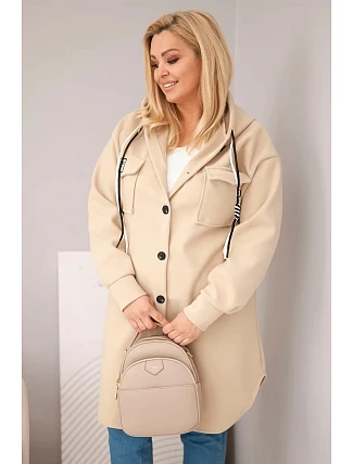 Dámský kabát Plus Size s kapucí zapínaný na knoflíky tmavě béžový