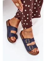 Dámské pantofle na korkové platformě s přezkami – tmavě modré