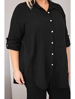 Dámský mušelínový komplet Plus Size s košilí zapínanou na knoflíky a kalhotami se širokými nohavicemi černý