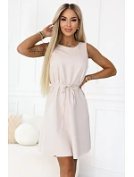 296-17 VICTORIA Trapézové šaty bez rukávů s páskem - béžové