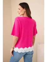 Dámský svetr s krátkým rukávem a krajkou fuchsie