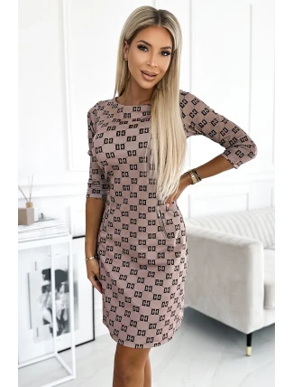 420-3 MARY Šaty se zlatými zámky - béžové v ČERNÉM MODELU