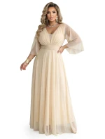 654-2 Dlouhé třpytivé plus size šaty s výstřihem a průhlednými rukávy - šampaňsko-béžové