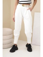 Dámské bavlněné kalhoty s vysokým pasem a páskem ecru