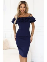 599-3 CARMEN Přiléhavé midi šaty ve španělském stylu - tmavě modré
