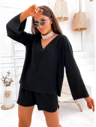 Černý lněný dámský komplet - oversize halenka a šortky (752) Černý lněný dámský komplet - oversize halenka a šortky (752)